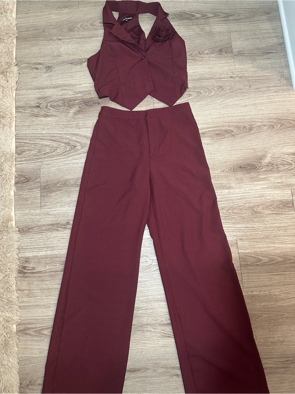 Fashion Nova Wine Burgundy Wide-Leg Pants with Matching Vest